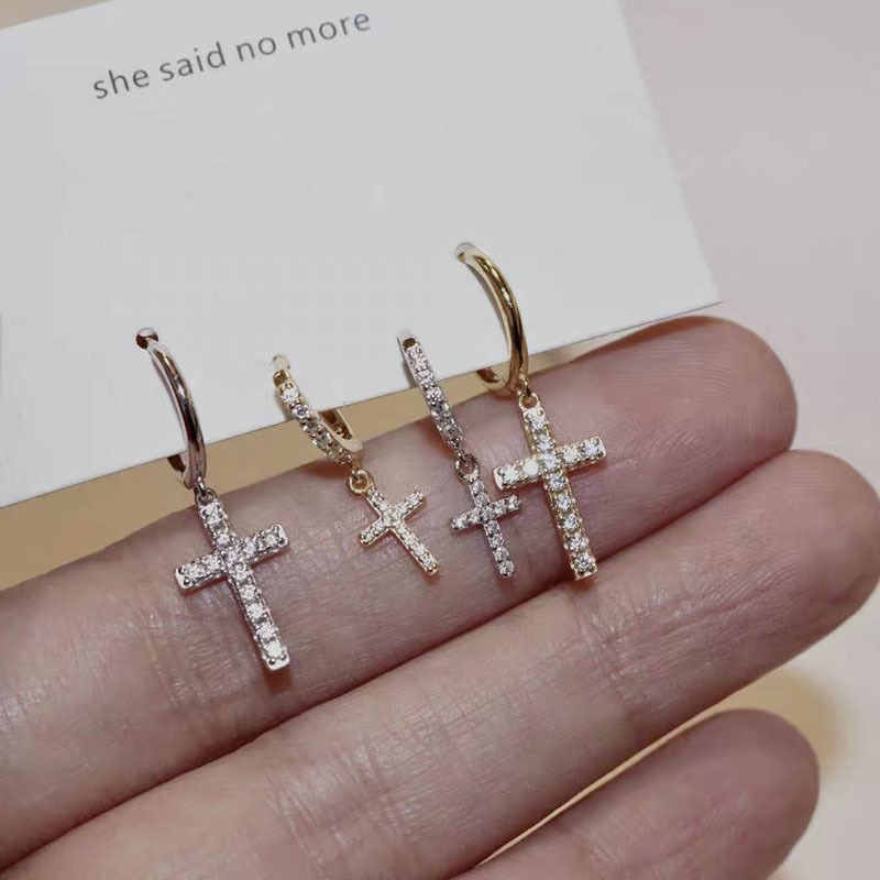925 sterling silver earrings, personalized cross-shaped micro-inlaid zircon small ear rings, simple ear buckles, European and American accessories pic 3