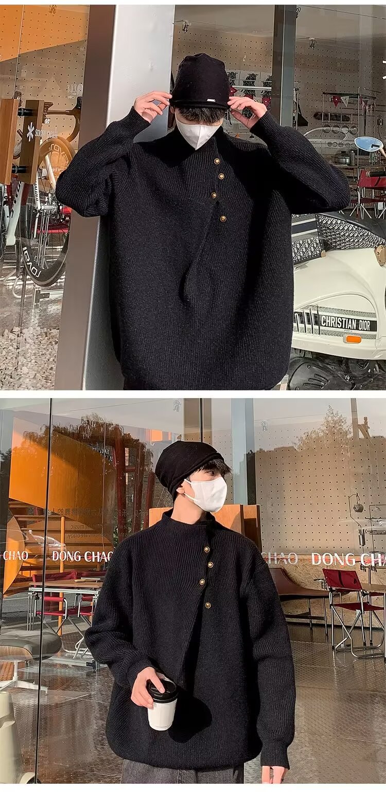 A high-neck sweater with an irregular button design, a stylish and laid-back oversized knitted top from a Korean streetwear brand pic 7