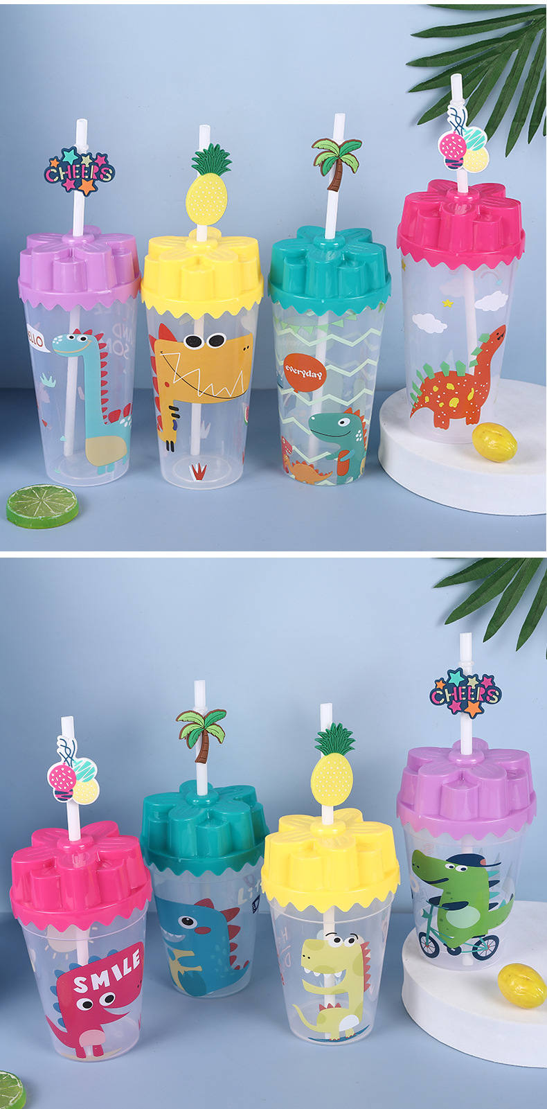 卡通恐龙图案透明PP居家日用饮料喝水吸管杯 400ml/600ml水杯直供果汁吸水杯详情11