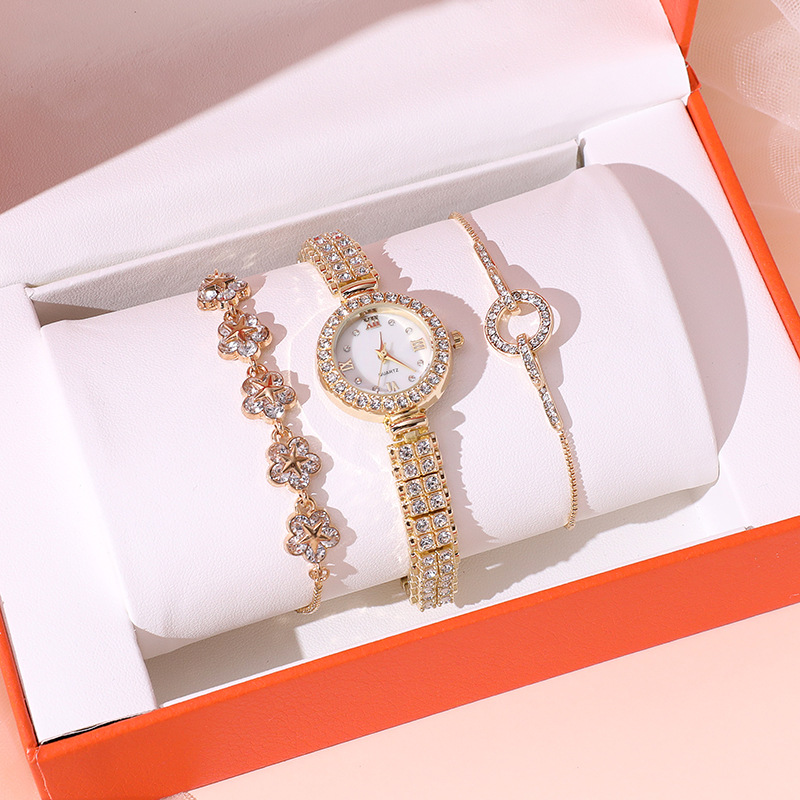 抖音快手跨境女士礼盒三件套礼品套装手表时尚镶钻手链手表详情2