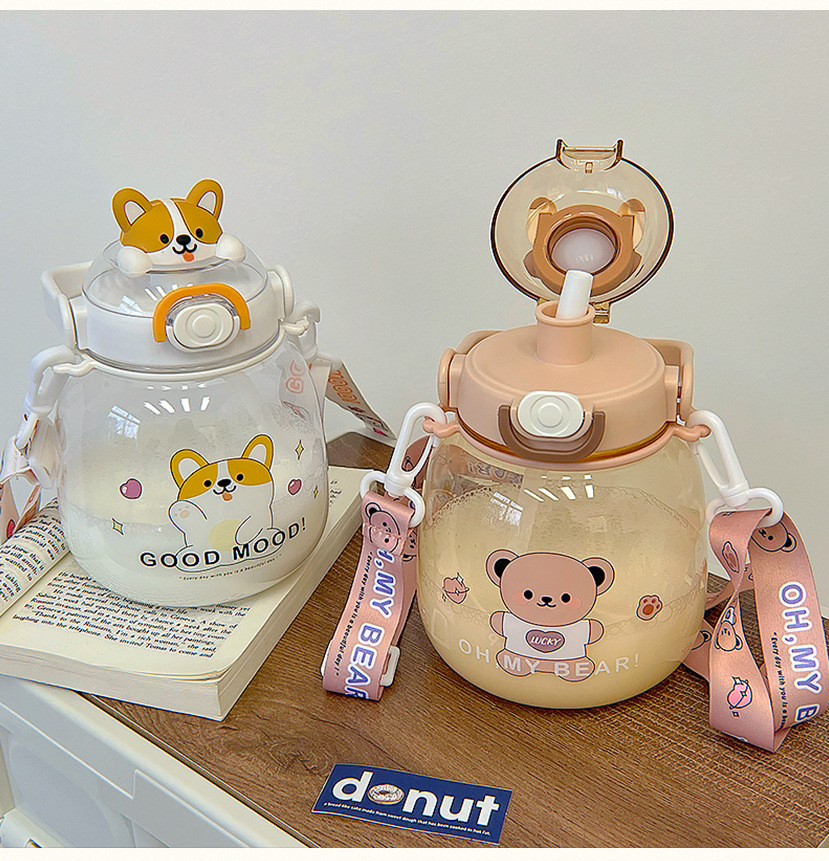 Cartoon cuddly animal-belted plastic cup, high appearance level, Ins-style Internet celebrity straw cup, portable and can be carried diagonally pic 12