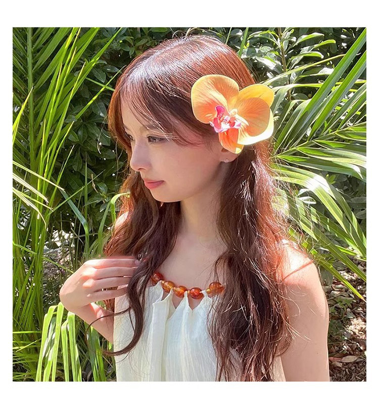 桔黄色蝴蝶兰头花发夹度假拍照氛围感头饰发卡超仙度假仿真花发饰详情15