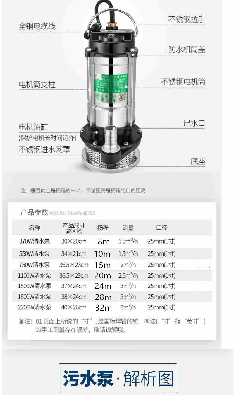 家用220不锈钢潜水泵大功率抽水机抽水泵农用污水泵家用农用洗车详情12