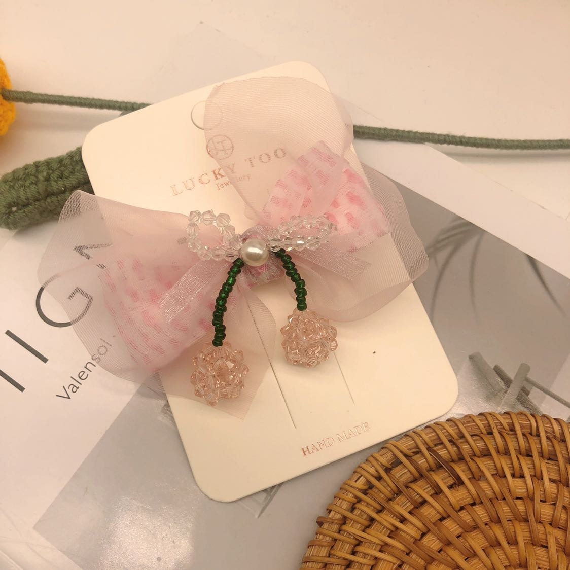 发夹LT10532韩版新款串珠珍珠樱桃布艺莎莎领结发饰发夹详情2