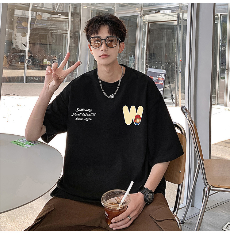 Camiseta de manga corta de estilo americano de algodón pesado hombre verano 2024 nuevo oso estampado estado de moda puerto estilo chico camiseta pic 10