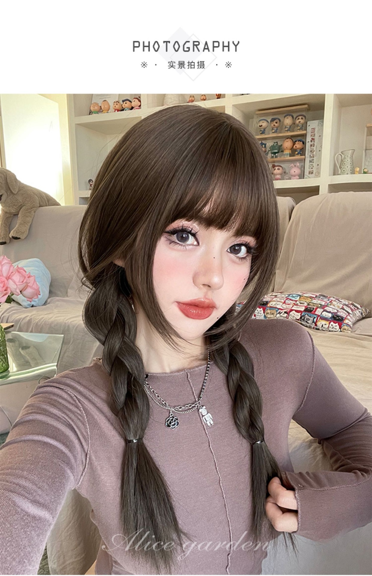 Factory wholesale wig for women with long hair, popular Japanese-style round face, realistic long straight hair, natural bangs, full head coverings for women pic 3