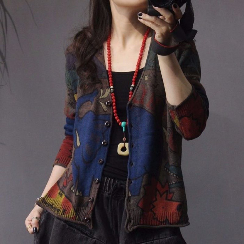 Spring 2021 new printed knitted cardigan for women, retro ethnic style, loose, large-sized, slimming long-sleeved top pic 19
