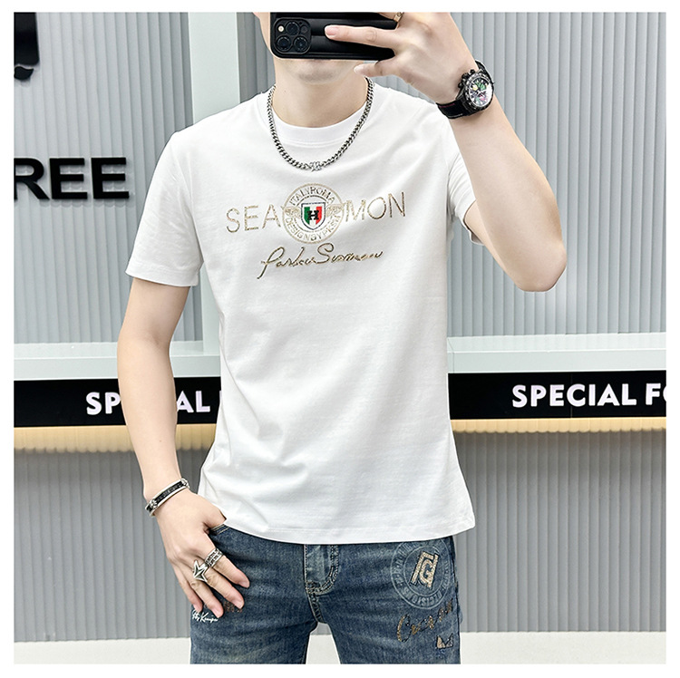 2024年夏季新款男士字母休闲时尚烫钻印花透气圆领修身短袖T恤衫详情5