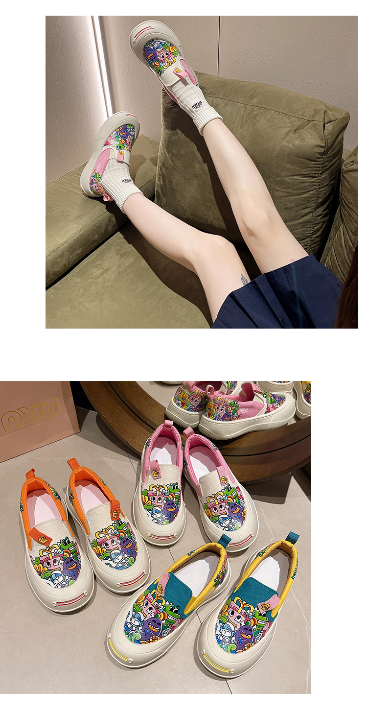 可爱卡通懒人一脚蹬厚底透气帆布鞋女涂鸦2024春秋新款休闲鞋批发详情15