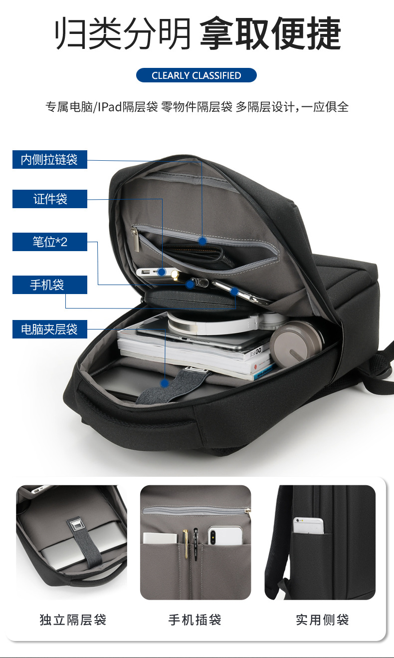 商务防水双肩包男士时尚背包多功能电脑包通勤踏青大容量双肩背包详情8