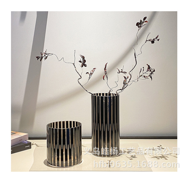 Handcrafted black striped frosted glass vases, hotel living room, entrance hall, model room, colorful flower vases for decoration, Ins-style home furnishings pic 4