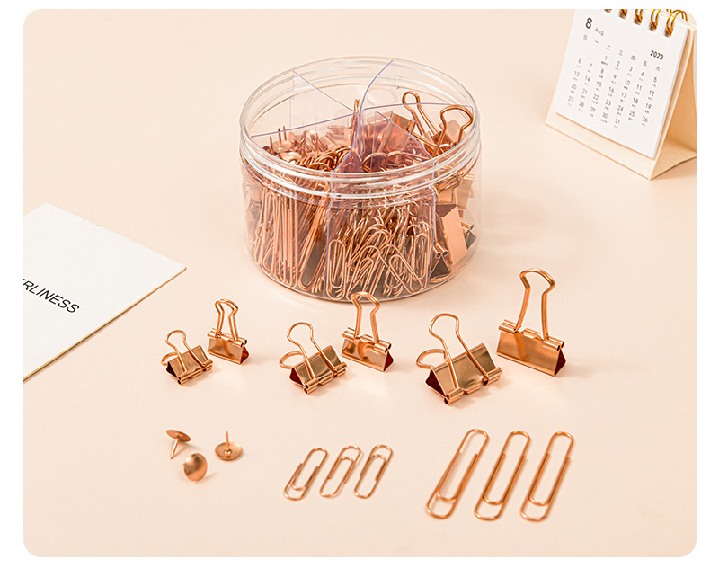 Electroplated rose gold 6-grid long-tail clip paperclip office set, metal pin and pushpin binding and storage set pic 15