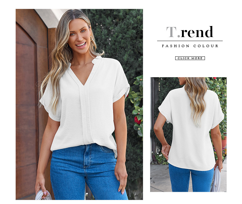 时颖夏季新款纯色V领短袖T恤女欧美时尚褶皱薄款透气套头衫女详情10