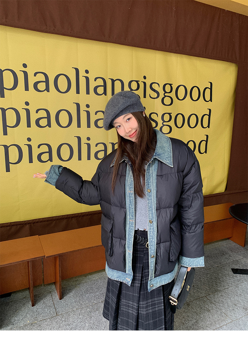 Qumeng DT CLASSIC Retro patchwork fake two-piece denim down jacket for women, 90 white duck down winter coat for women pic 7