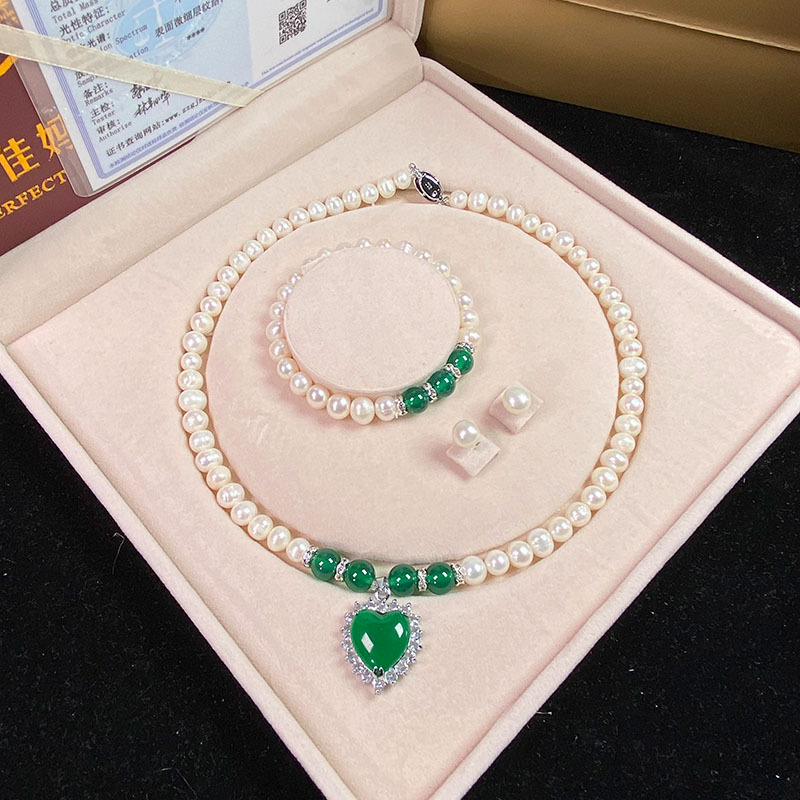 天然淡水珍珠项链绿玉髓吊坠白珍珠手链套装送妈妈婆婆母亲节批发详情30