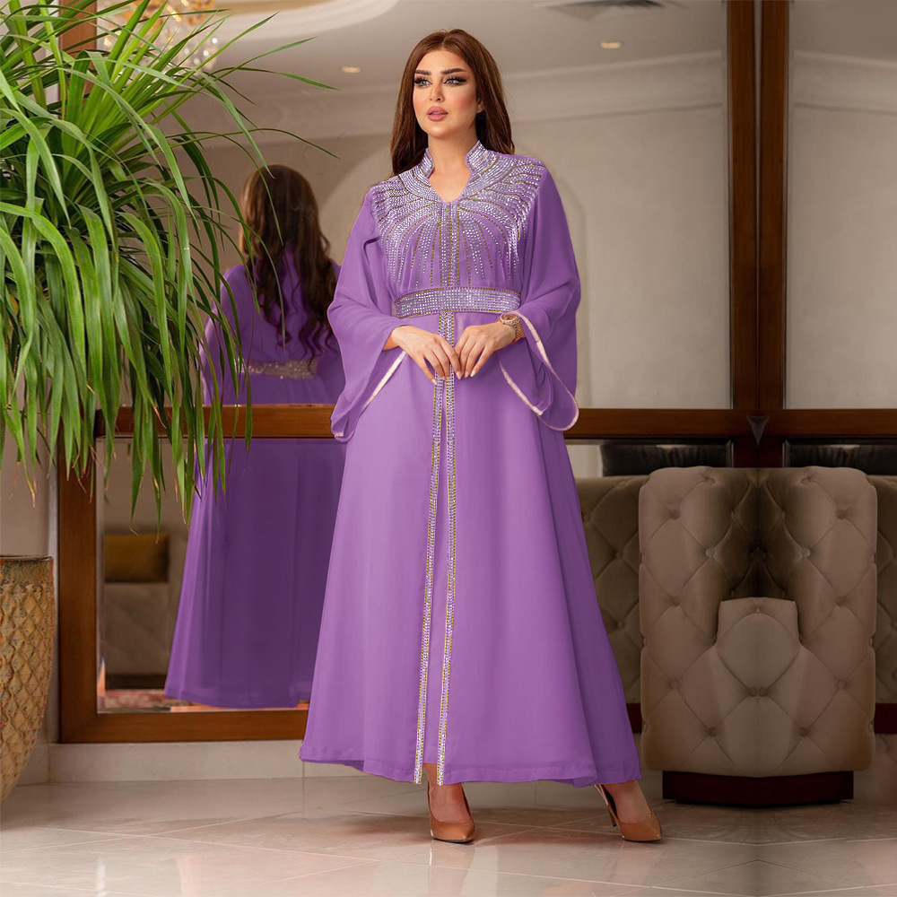 XQY500090 Foreign trade Arab robe, Middle East kaftan fashion Hot diamond belted chiffon dress pic 21
