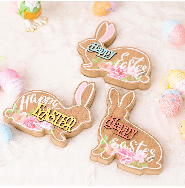 Cross-border new Easter decorations, wooden Easter rabbit figurines, cartoon 3D rabbit gifts pic 11