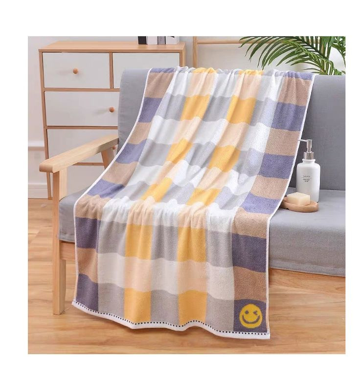 Tinglong toalla de baño de algodón al por mayor smiley face tartan toalla de baño para el hogar aumentar y engrosar suave 100% algodón para adultos niños pic 9