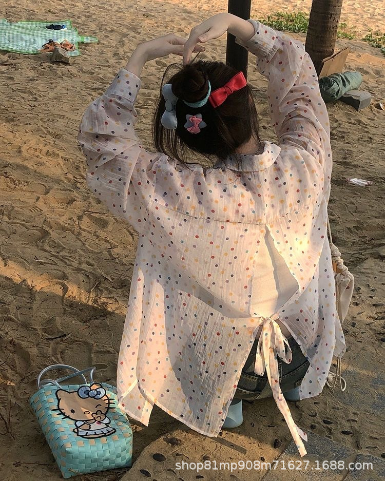 Korean chic colorful polka dot slit tie sun-protective shirt for women, lapel loose casual long-sleeved shirt for women pic 8