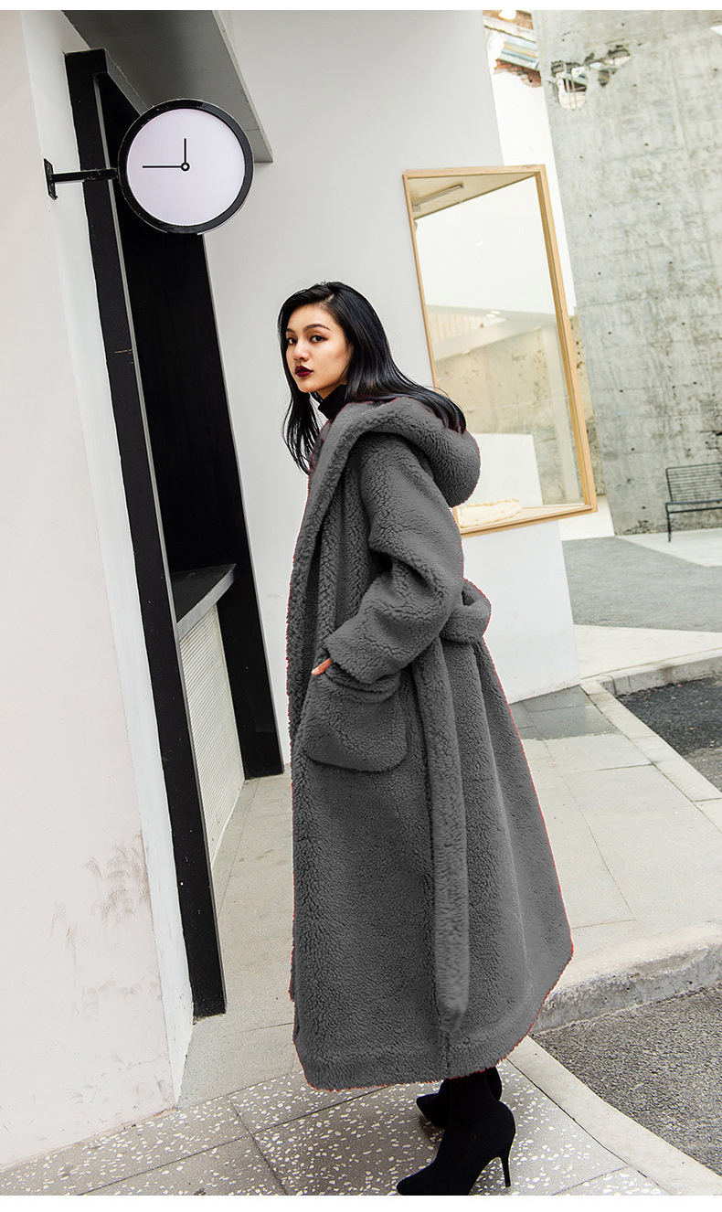 Manufacturer's cross-border trade, European and American winter casual, lambskin faux fur coat for women, mid-length, lapel and hood pic 11