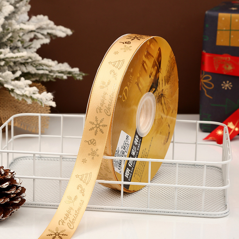 Dingxin 2.5CM Christmas ribbon in stock wholesale, gold-embossed snowflake DIY Christmas gift packaging color ribbon Polyester ribbon pic 13