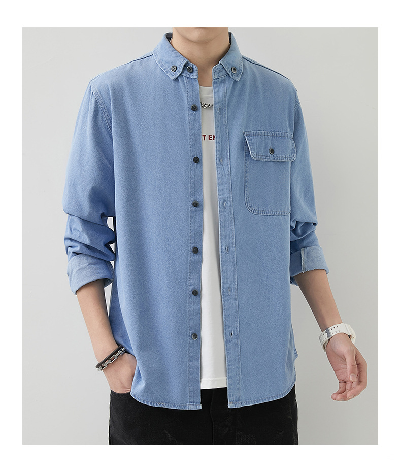男装薄款牛仔长袖衬衫男2023春秋韩版潮流休闲纯色工装衬衣外套男详情20