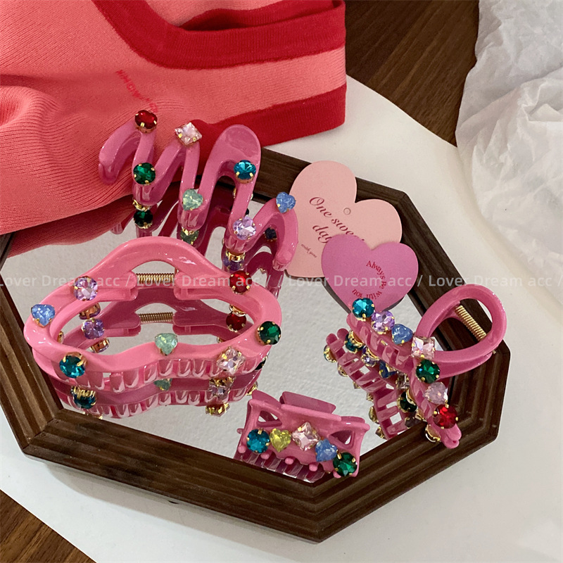 韩国新款复古彩色水钻粉色鲨鱼夹发夹 中古风抓夹网红时尚发饰女详情21