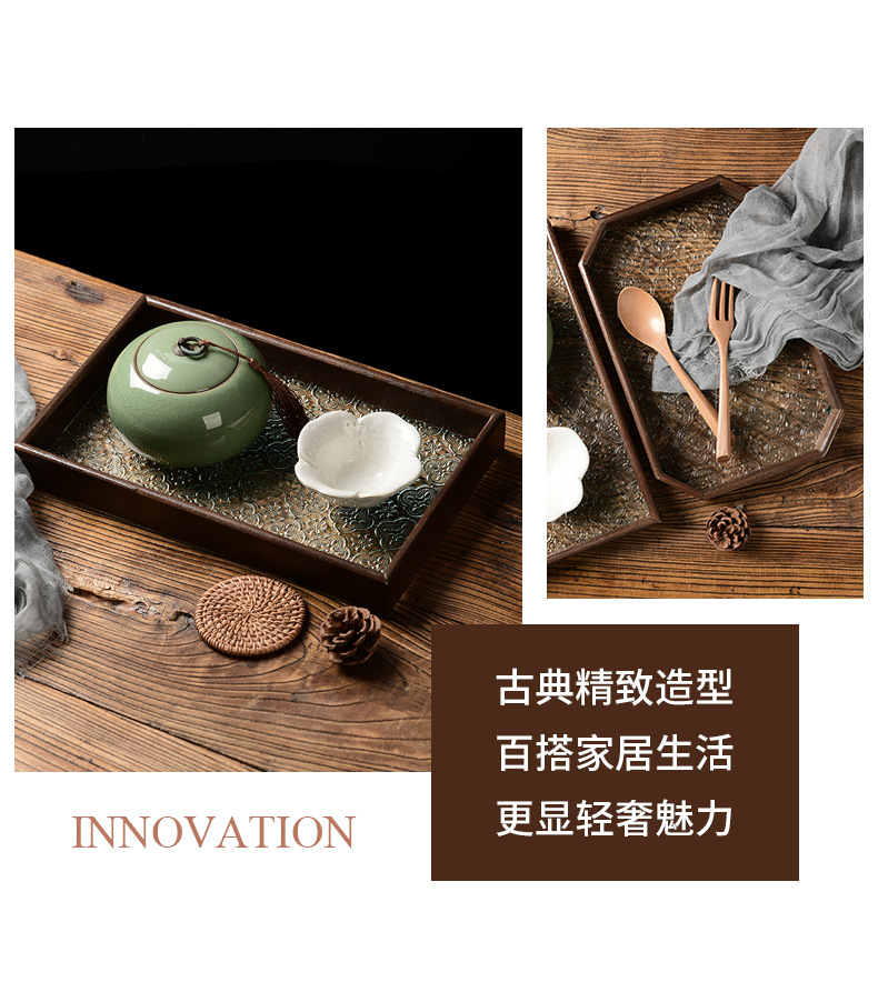 跨境款海棠压花玻璃托盘胡桃色水果点心收纳盘长方形摆件点心茶盘详情8