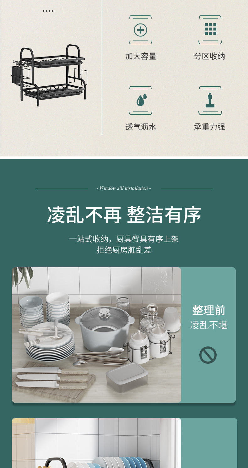 厨房盘碗架 碗架 多功能沥水架 厨房置物架 多功能置物架 厨房黑色碳钢盘碗架砧板刀具筷子收纳沥水架台面跨境多功能置物架 详情2