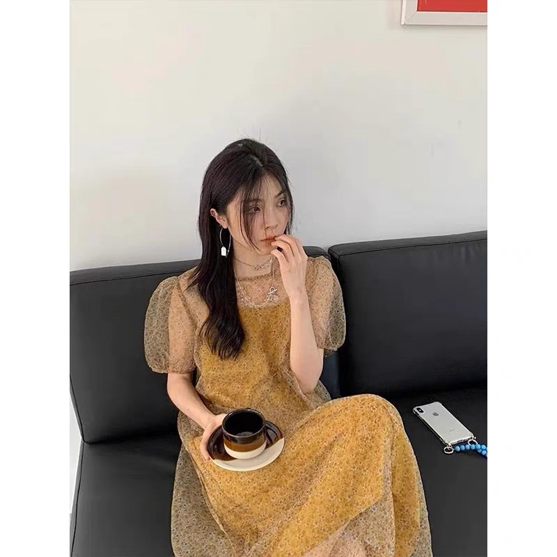 法式茶歇小碎花蓝色连衣裙女2022夏季气质宽松超仙吊带裙两件套装详情4