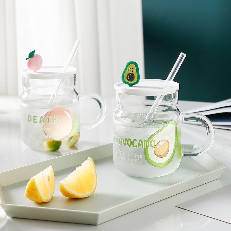 Creative large-capacity fruit glass water cup, cute in summer, high appearance level, covered straw, home drinking cup pic 8