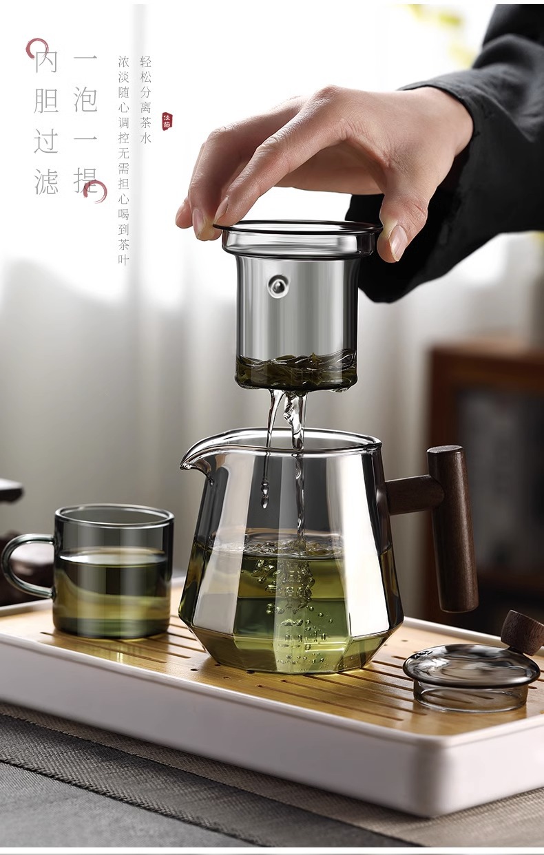 日式玻璃茶壶 耐热茶水分离过滤泡茶壶 功夫茶具木把茶壶详情3