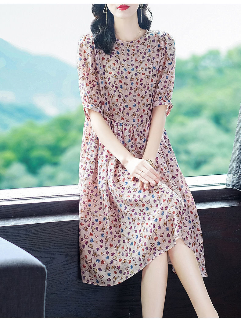 2023新款真丝连衣裙女长款过膝连衣裙桑蚕丝碎花裙女士时尚连衣裙详情7