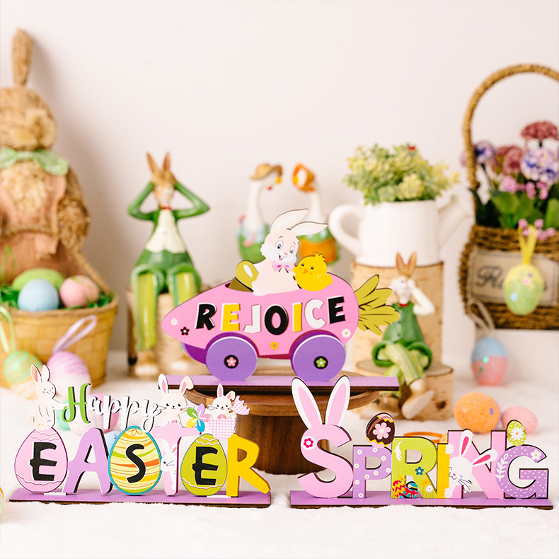 Cross-border new products: Haobei Easter Decorations, Easter Rabbit figurines, Easter purple wooden letter figurines pic 1