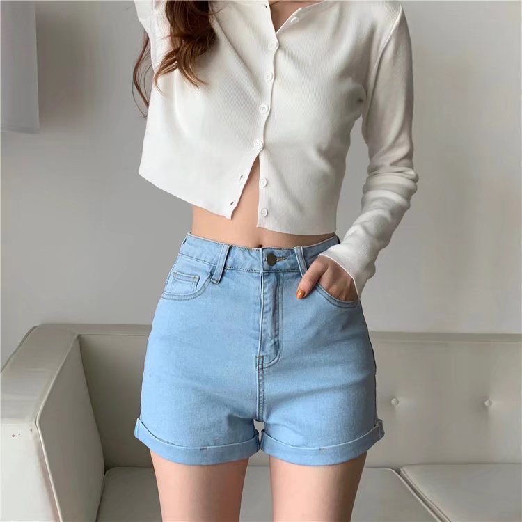 Wholesale of slim Hyuna style versatile rolled-up hot pants for women, high-waisted, light-colored tight denim shorts pic 49