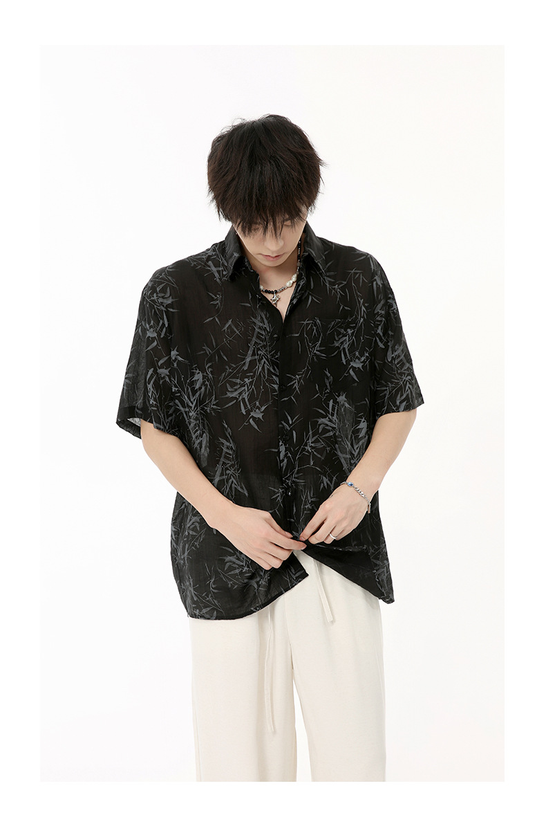 MTLCLOTHES男装|2024夏款新品 新中式国风薄款竹叶慵懒短袖衬衫潮详情8