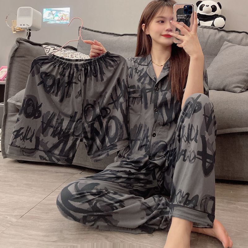 20款直播短袖开衫仿棉INS夏季情侣睡衣居家休闲宽松家居服三件套详情20