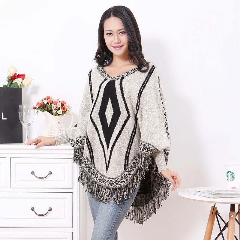 秋冬新款流苏套头披肩蝙蝠袖园领毛衣针织衫斗篷外套详情1