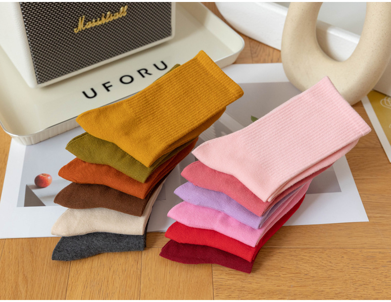 糖果色女士袜子女长筒春秋季简约ins潮流中高筒学生运动彩色棉袜详情7