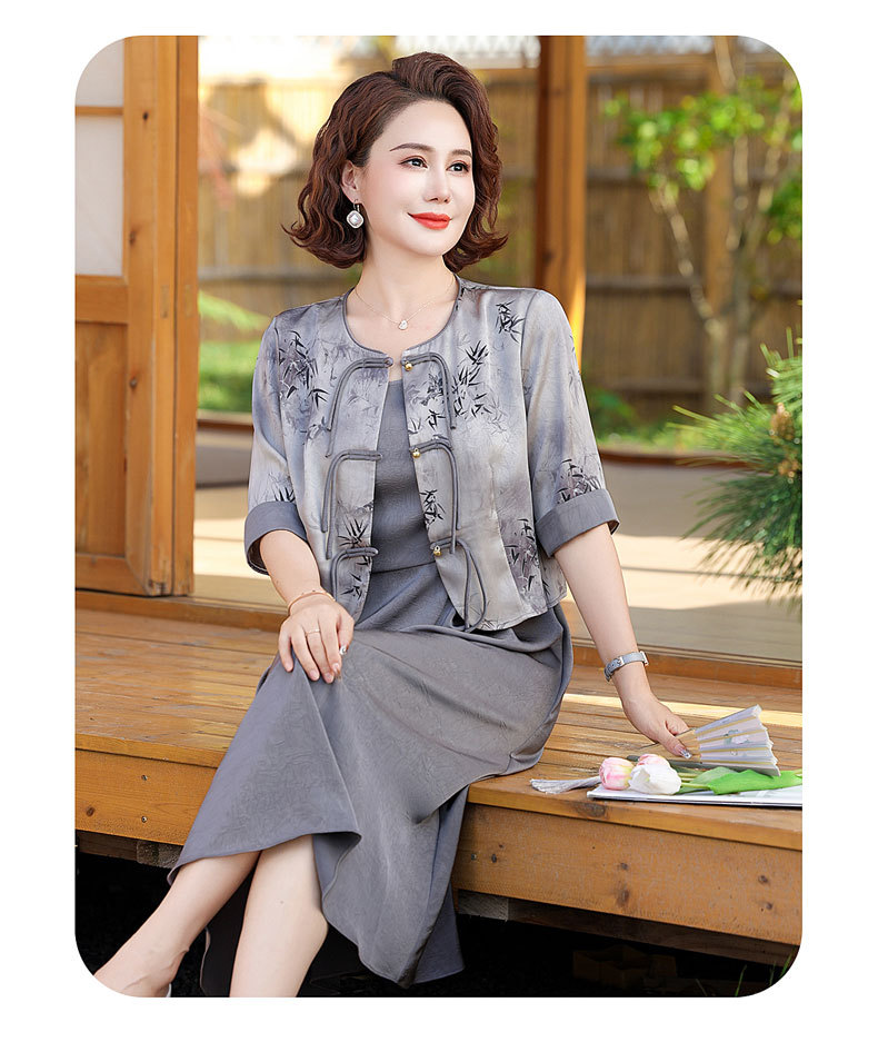 中年妈妈装新中式连衣裙套装女中老年夏季国风短款开衫长裙两件套详情33