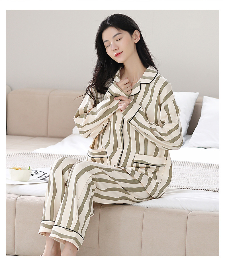纯棉女士睡衣女春夏新款100%棉斑马纹长袖开衫休闲家居服套装详情13