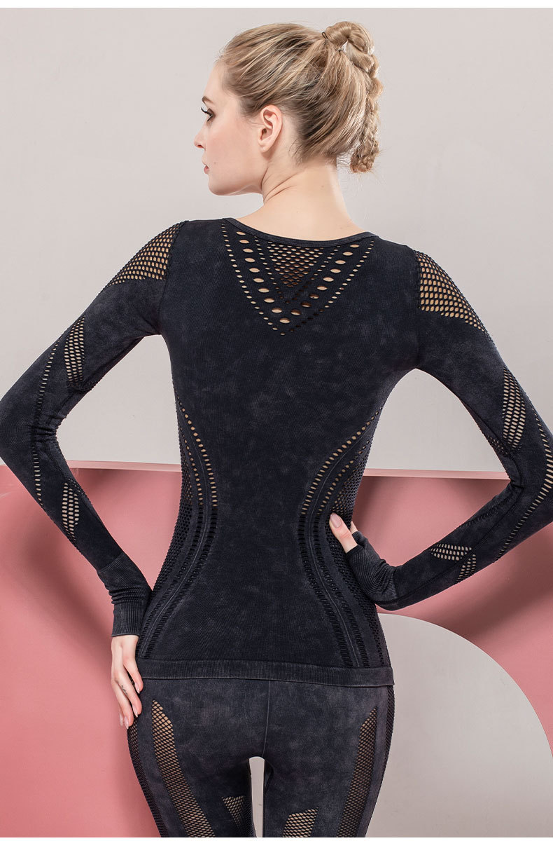 现货！欧美爆款镂空高弹长袖健身服水洗紧身外穿运动上衣瑜伽服女详情46