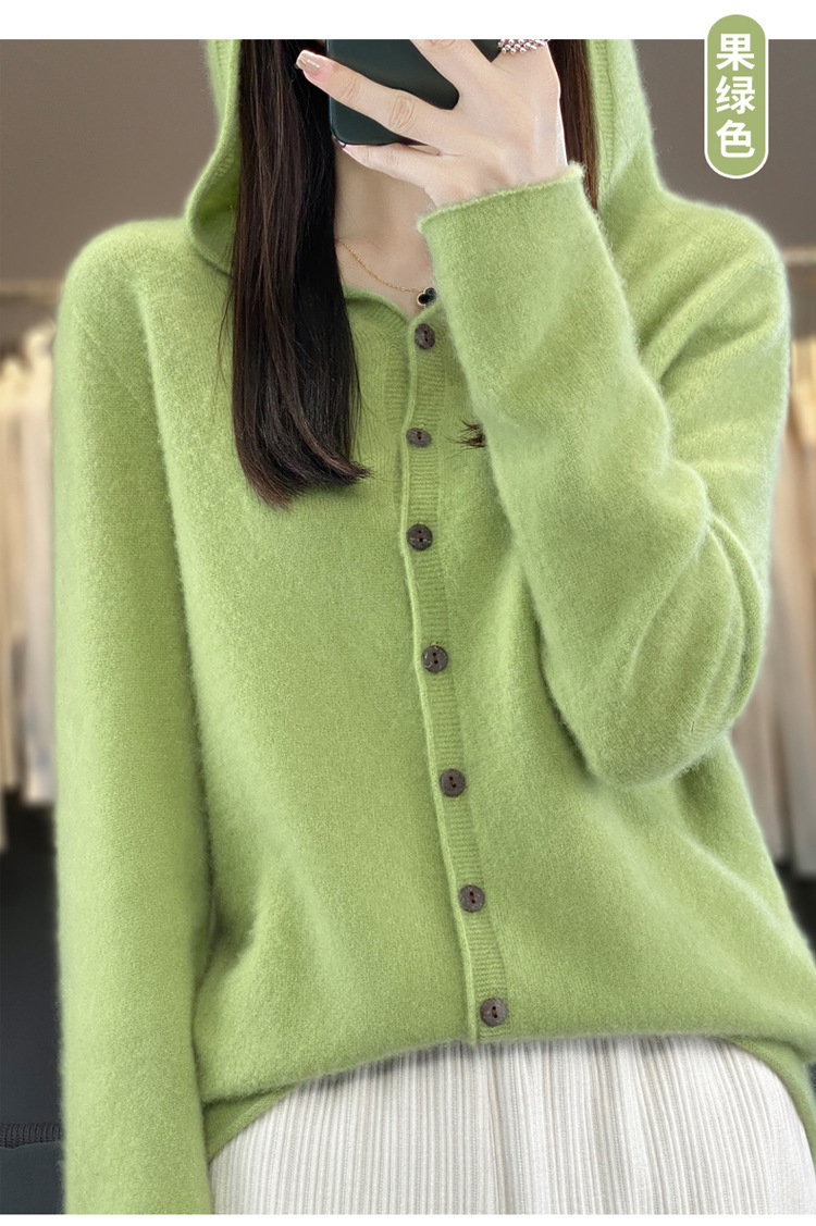 女士连帽100羊毛衫开衫百搭秋冬新款纯色一线成衣潮卫衣针织外套详情17