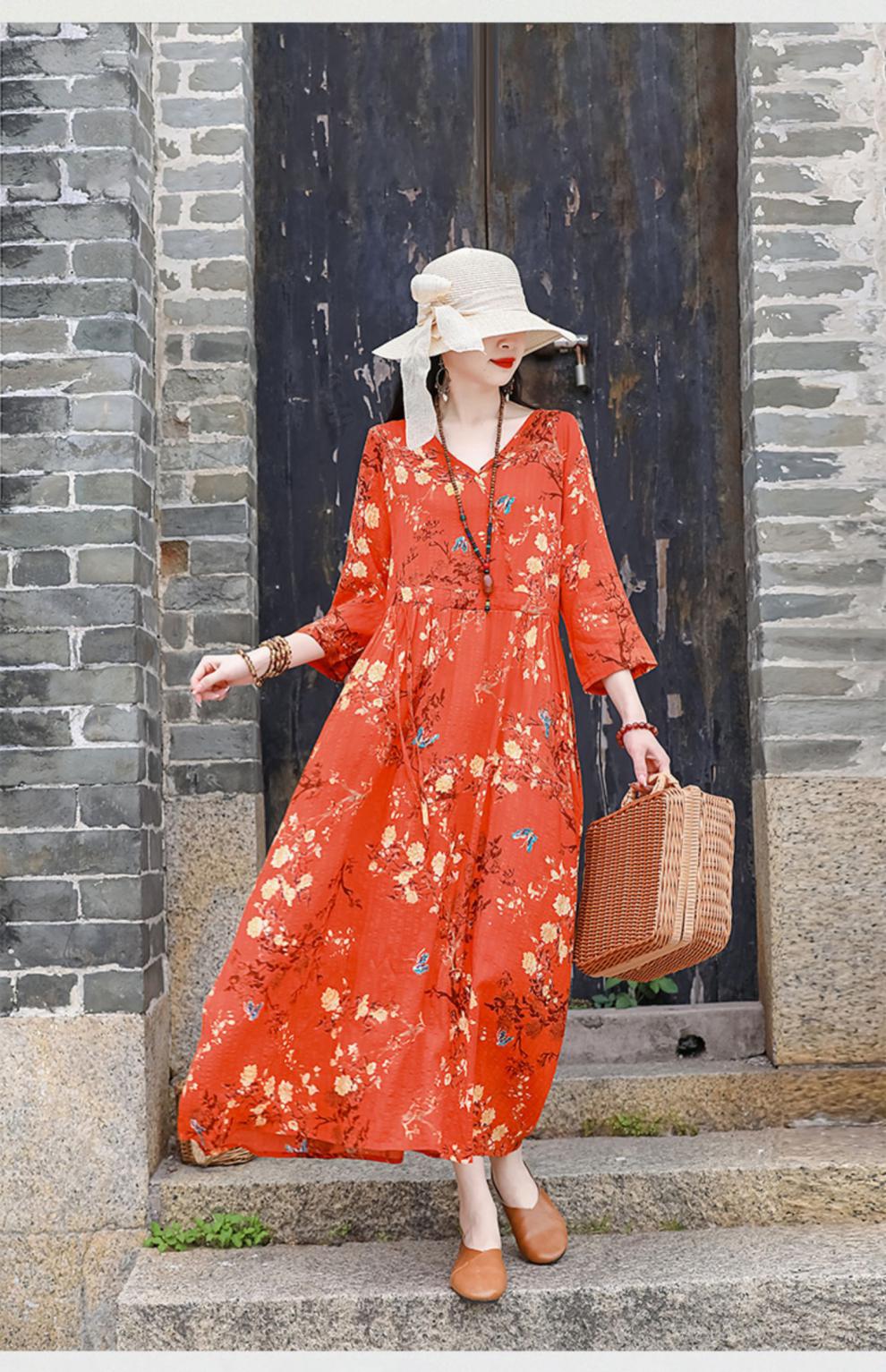 2024夏季新款中年妈妈复古文艺印花棉麻收腰连衣裙宽松大摆长裙女详情29