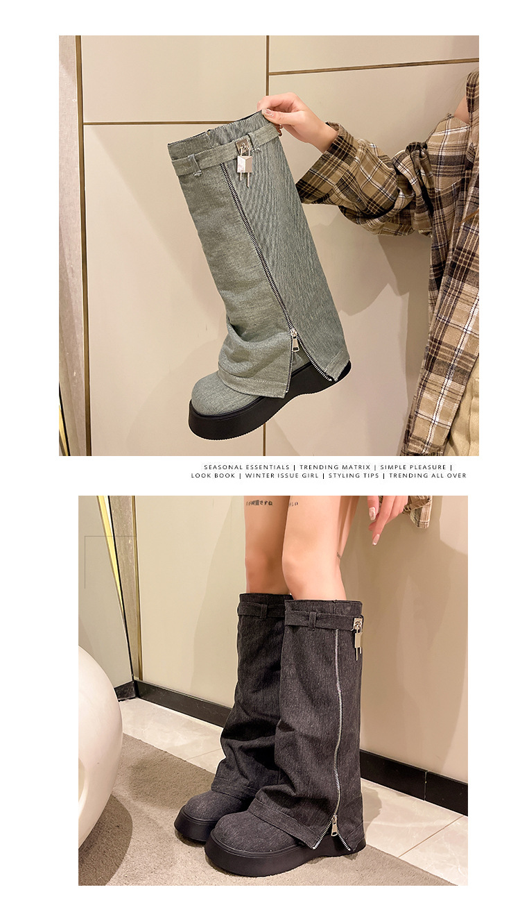 厚底套筒牛仔靴长筒靴女士松糕底骑士靴小个子高靴辣妹长靴裤管靴详情7