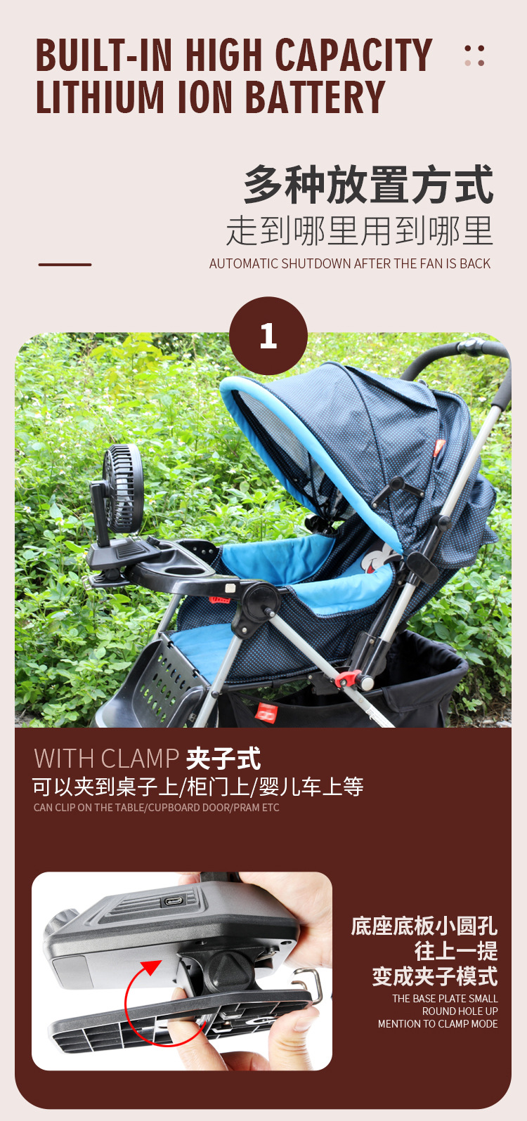 2022 New mini Fan, mini portable silent oscillating desktop, baby stroller clip-on charging electric fan for car pic 8