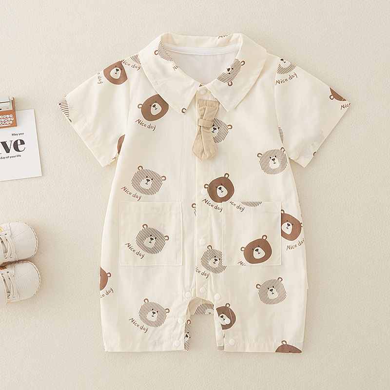 婴儿衣服夏季薄款a类纯棉男宝宝短袖连体衣小熊哈衣爬服代发详情3