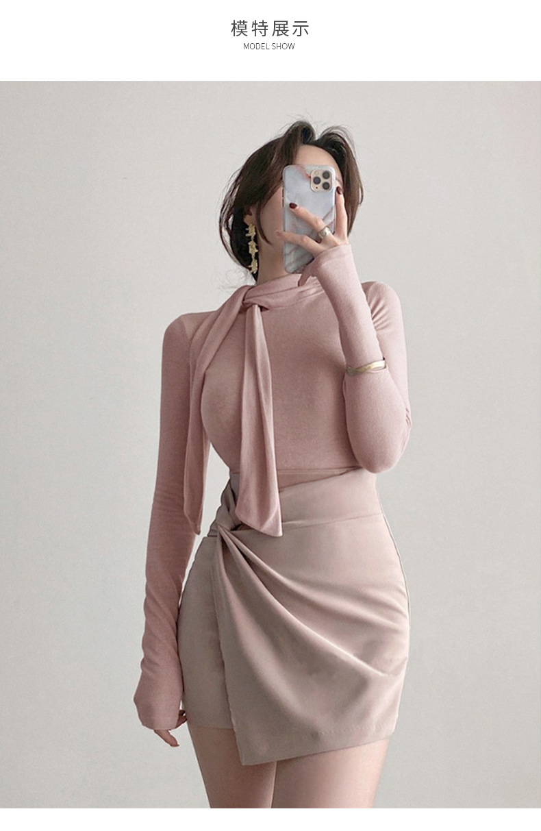 女人味飘带紧身高领长袖T恤女 韩国东大门新款温柔奶油粉女式上衣详情4