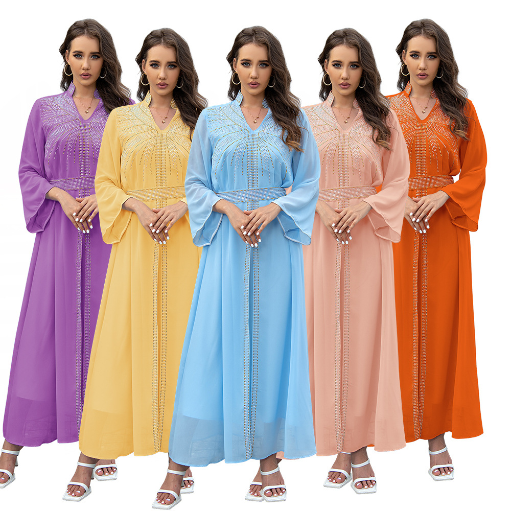 XQY500090 Foreign trade Arab robe, Middle East kaftan fashion Hot diamond belted chiffon dress pic 10