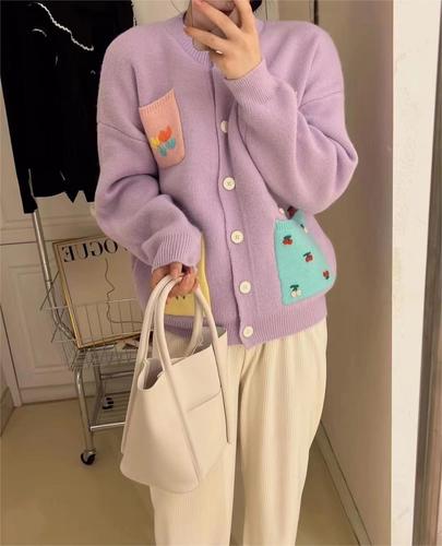 撞色针织开衫上衣女2022秋冬新款宽松慵懒风外穿软糯毛衣外套女装详情9